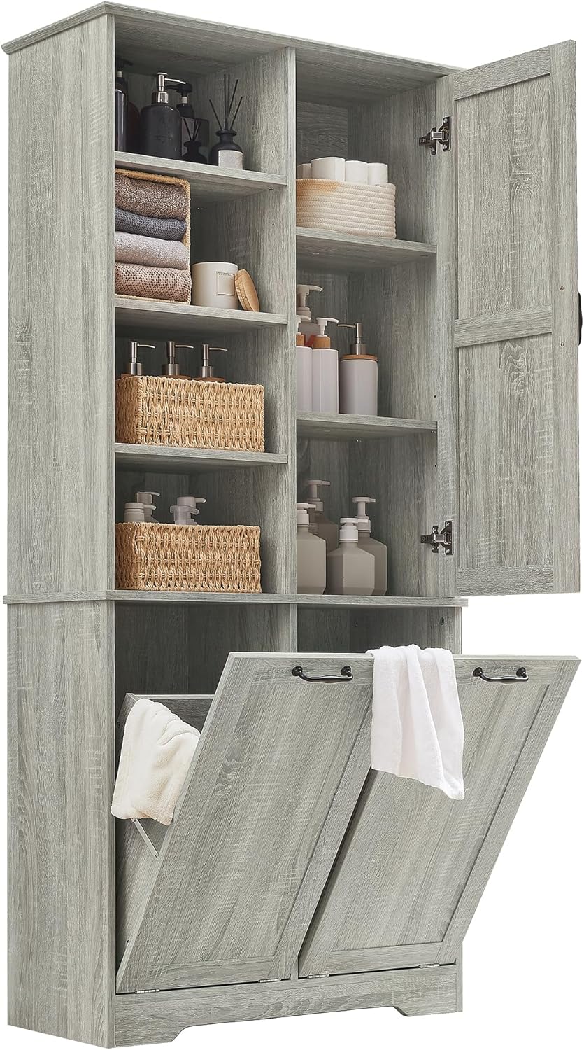 Merax Tall Storage Cabinet with Door and Shelves, Bathroom Storage with 2 Tip-Out Laundry Hamper and Adjustable Shelf, Oak