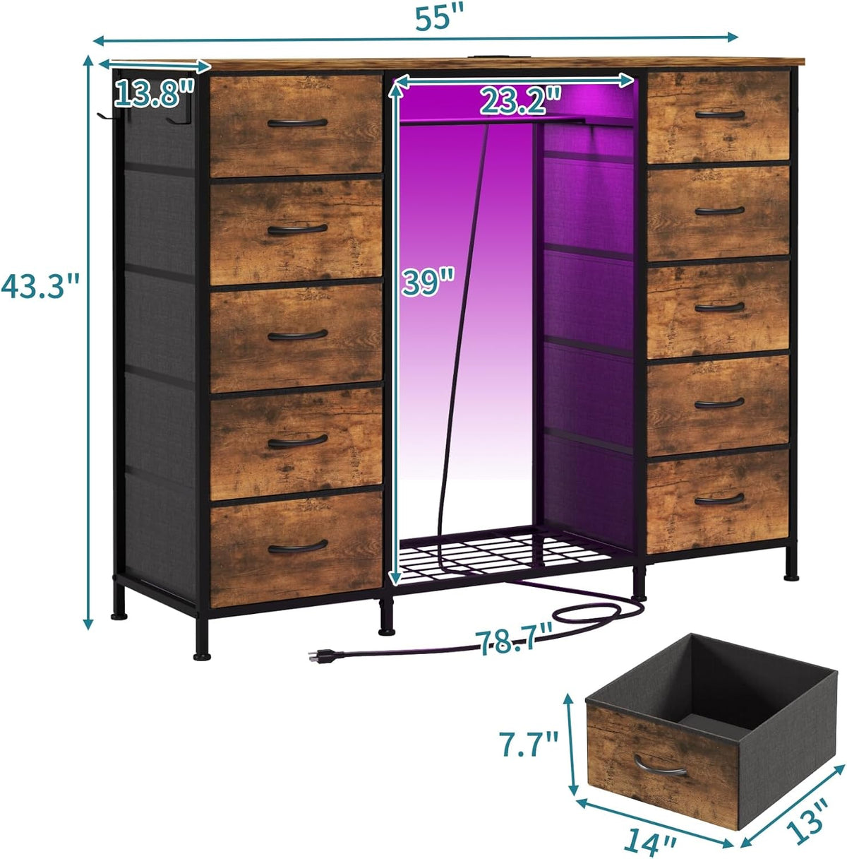 LUMTOK 55W 2-in-1 Dresser with Hanging Rack, 10 Drawers Dresser for Bedroom,Dressers with Fabric Drawers,LED Lights, Charging Station and Hanging Racks for Bedroom (Rustic Brown)