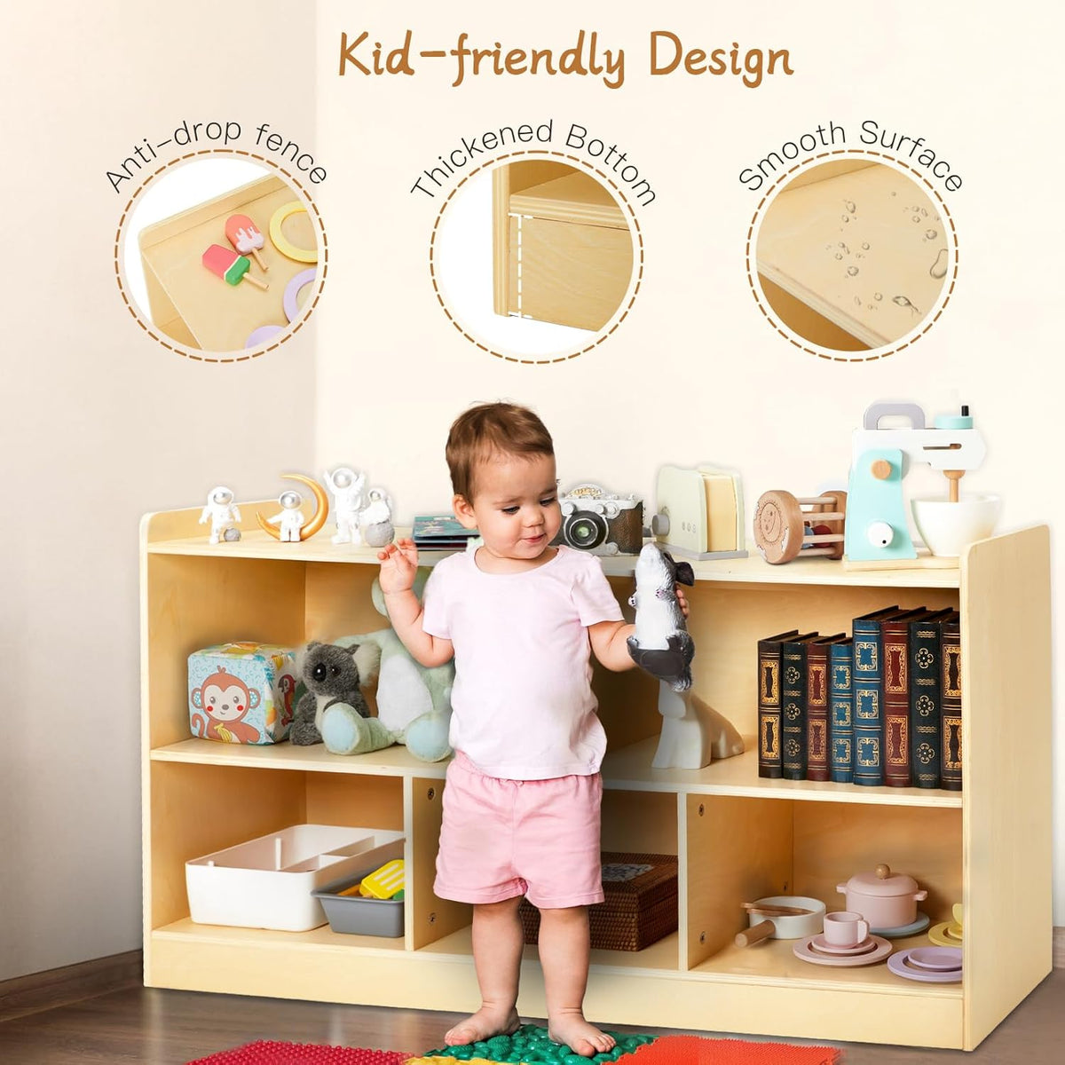 Montessori Shelf, Wooden Toy Storage Organizer for Books Toys, 2 Shelf Bookcase, 5-Section Storage Cabinet, Toddler Book Shelf for Kids Rooms, Playroom, Nursery, Kindergarten (Natural)