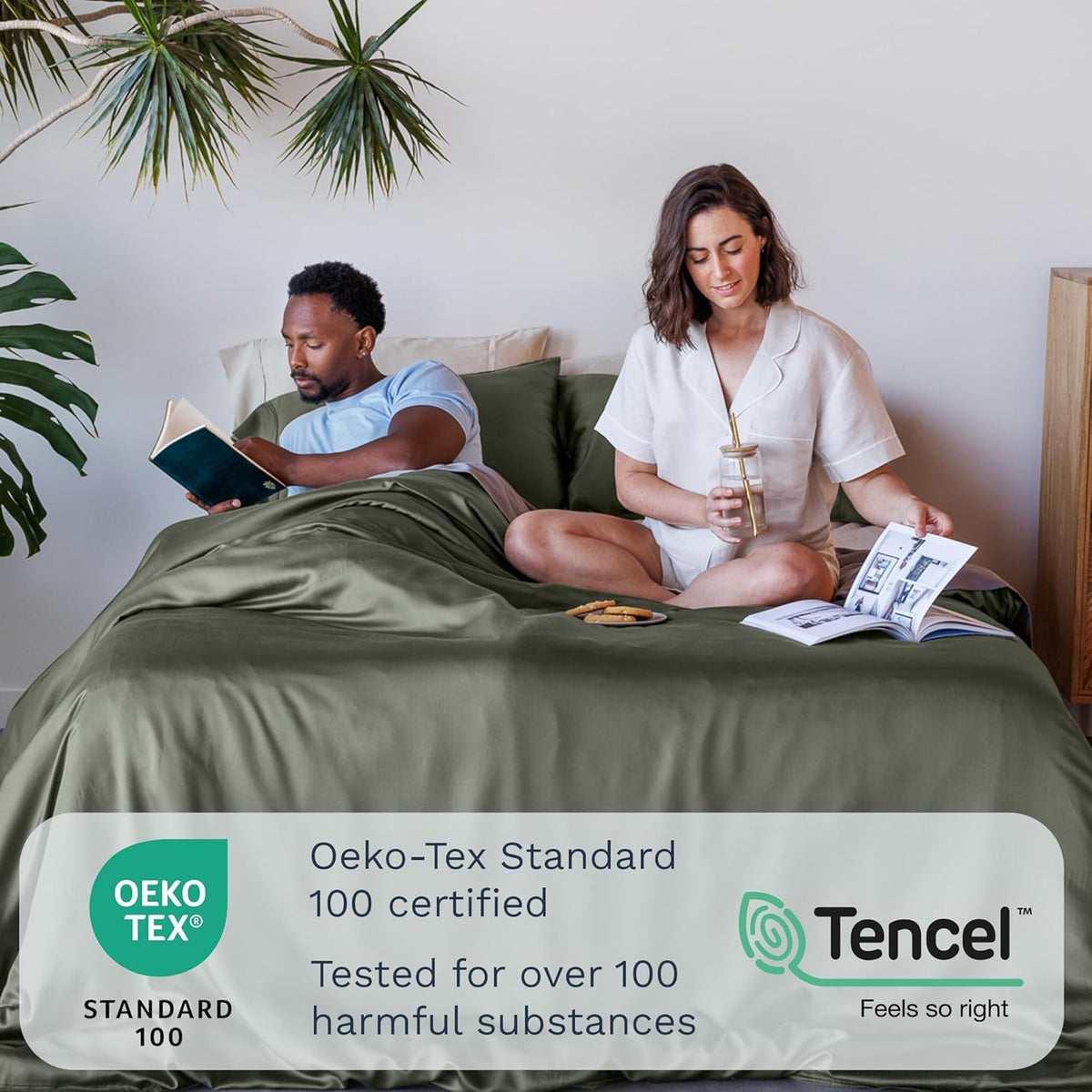 Olive + Crate Queen Size Tencel Duvet Cover Set - Hypoallergenic, Cooling Eucalyptus Duvet Cover for Hot Sleepers with Two Pillowcases - Moss 3-Piece