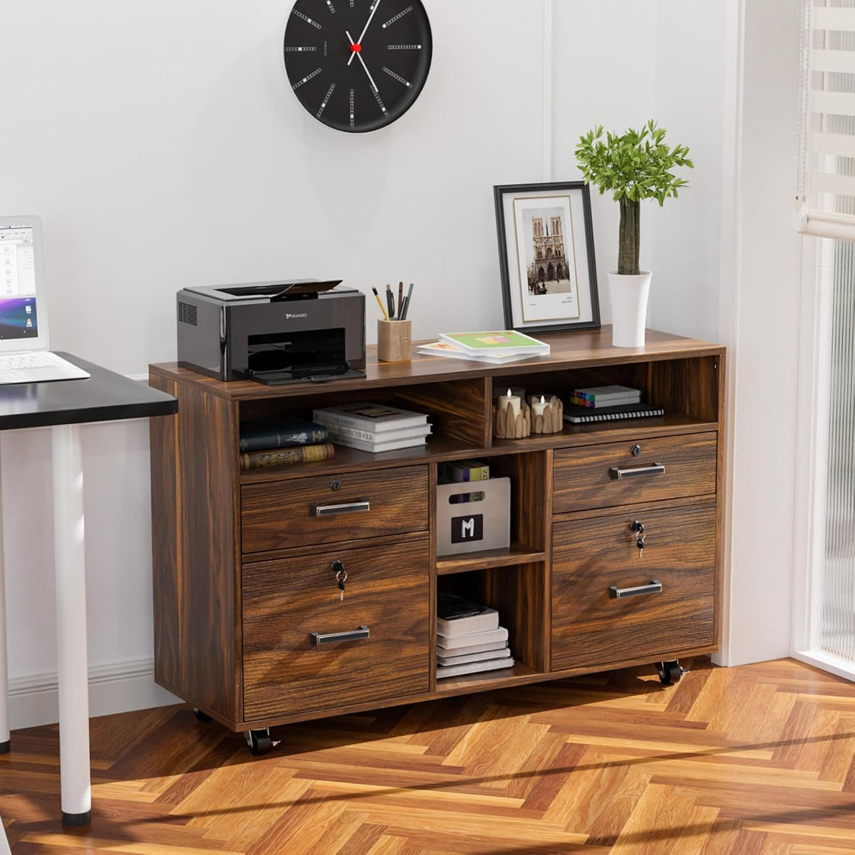 VINGLI Dark Brown Wood Lateral File Cabinet with Lock, 4 Drawer & 4 Open Shelves, Rolling File Cabinet for Home Office, Letter Sized