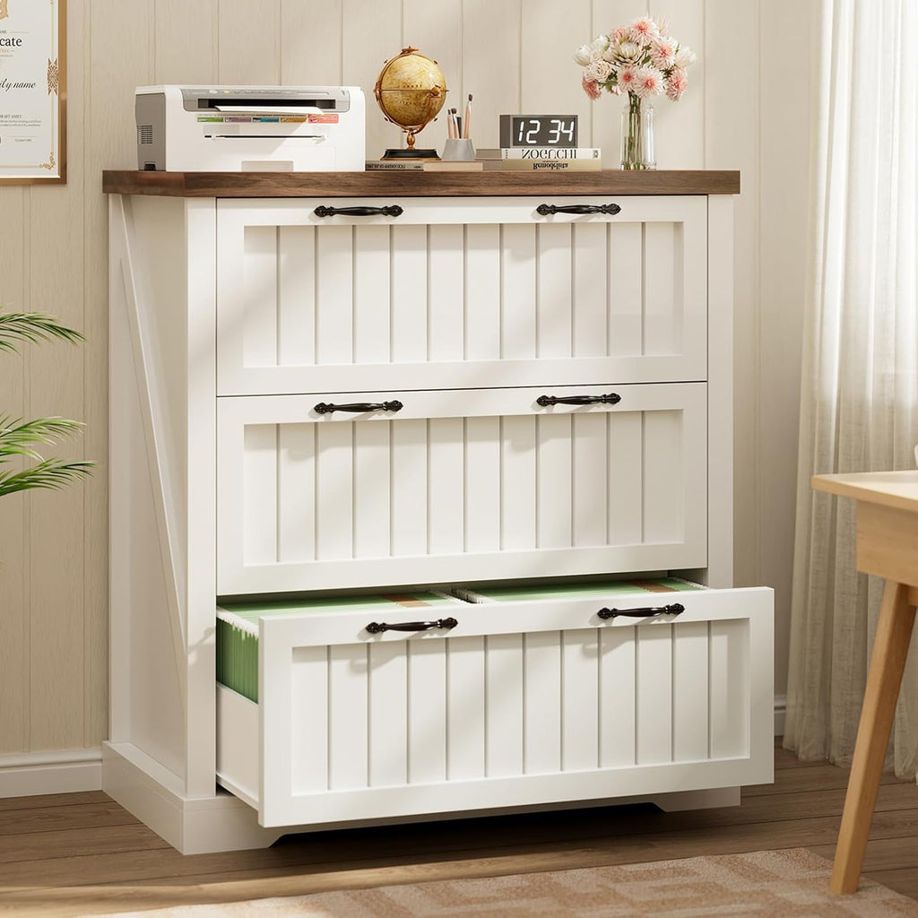 SEDETA 3 Drawer File Cabinet, Farmhouse Filing Cabinet for Home Office, Wood Office File Cabinets for Letter/Legal/A4 Size, Lateral File Cabinets with Printer Stand, White + Brown