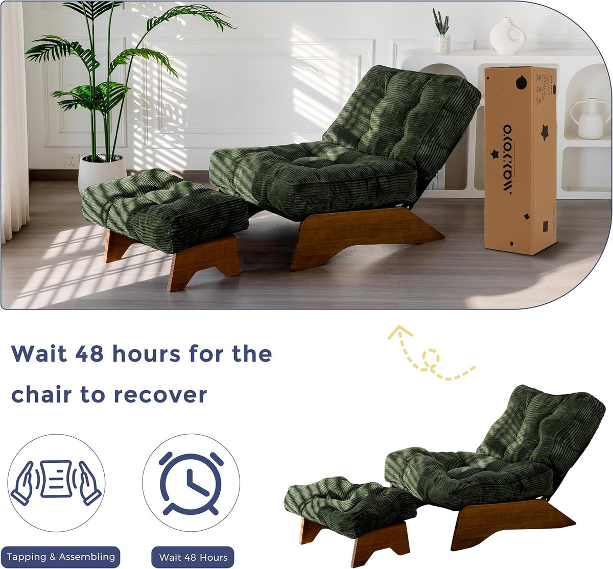 MAXYOYO Accent Chair with Ottoman Adjustable Backrest, Tufted Living Room Chair Upholstered Lounge Chair with Footrest Set, Modern Chair Cozy Reclining Chair for Reading Room, Green