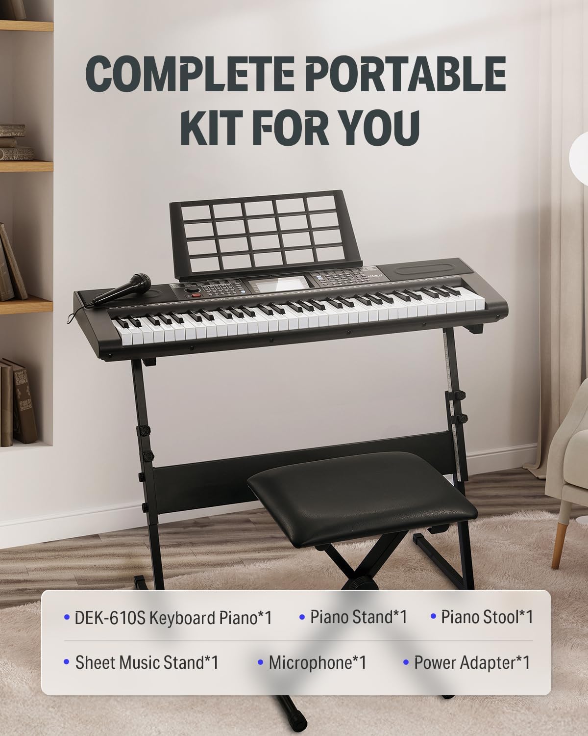 Donner 61 Key Keyboard Piano, Electric Piano Keyboard Kit with 249 Voices, 249 Rhythms - Includes Piano Stand, Stool, Microphone, Gift for Beginners, Black (DEK-610S)
