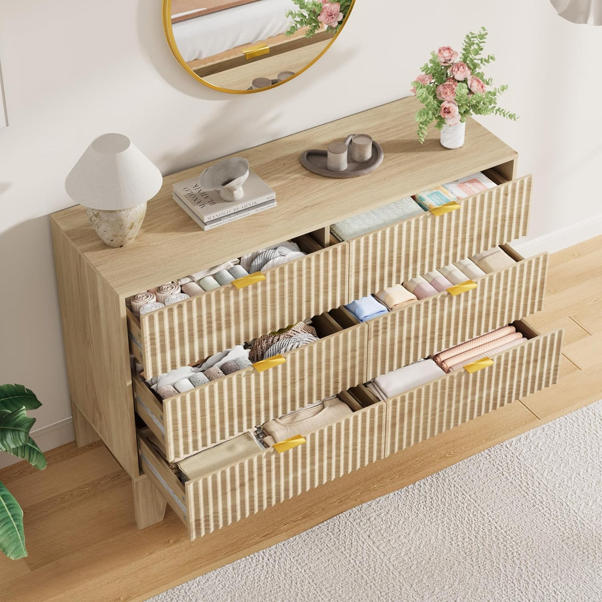 Garvee 6 Drawer Dresser for Bedroom, 47" Wide Fluted Chest of Drawers with Metal Handle, Modern Wooden Dresser TV Stand, Clothes Storage Organizer Wood Closet for Hallway, Entryway, Natural Oak