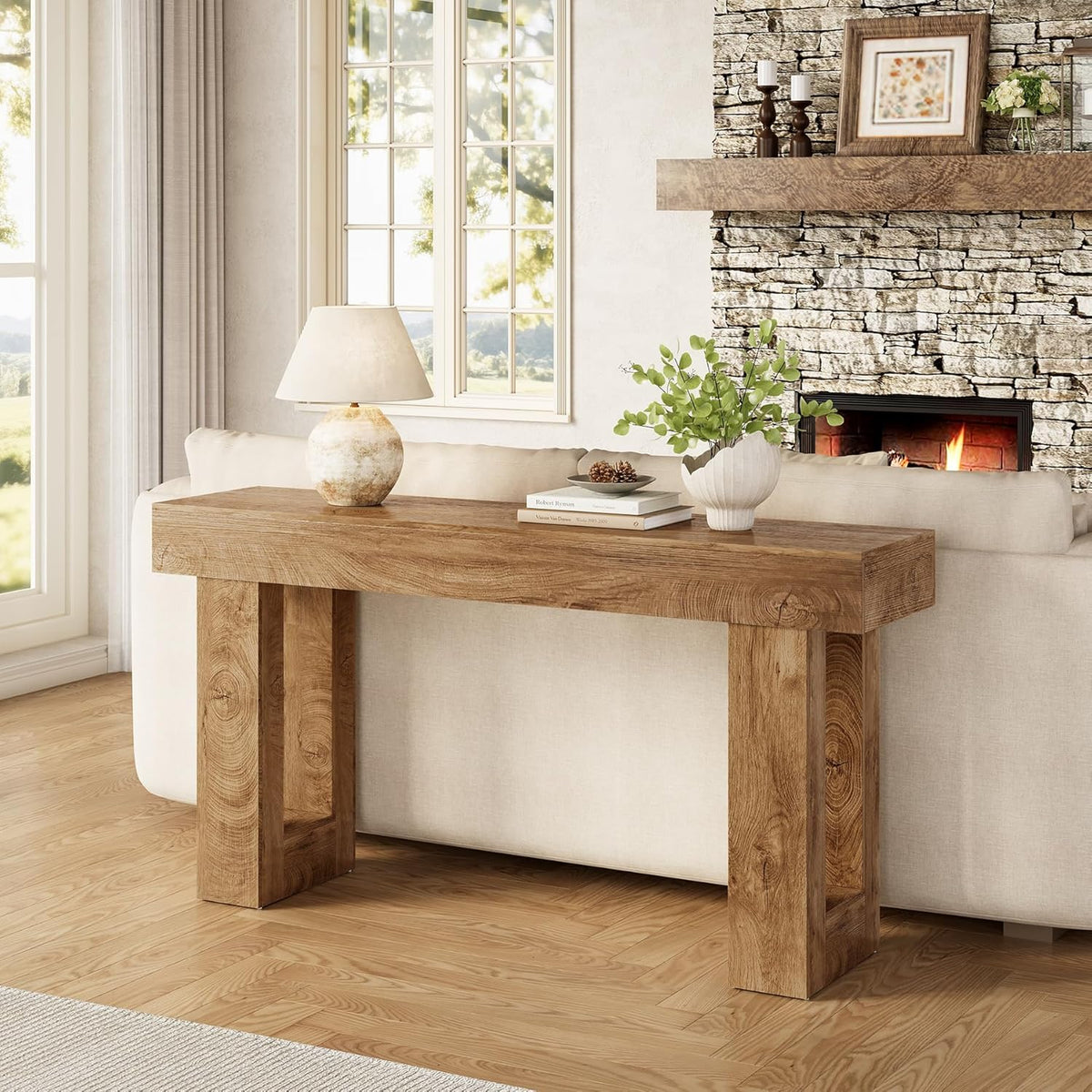 LITTLE TREE 63 Inches Long Console Table for Entryway, Sofa Table Behind Couch, Wooden Entry Table Foyer Hallway Table, Industrial Console Sofa Table for Living Room, Oak Color