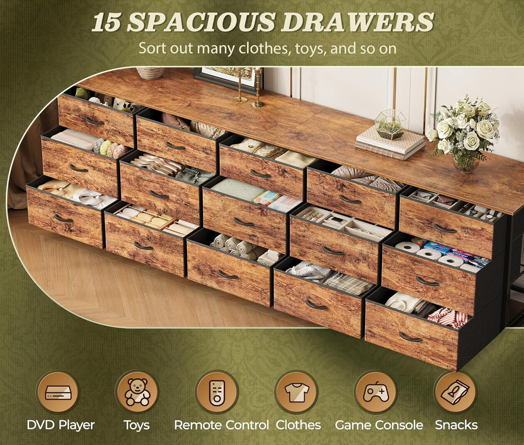 Huuger 78.7 inch Long Dresser for Bedroom, 15 Drawer Fabric Dresser for Closet, Large TV Stand for 65, 75, 85 inch TV, Wide Chest of Drawer with Storage, 78.7" W x 12.9" D x 26.7" H, Rustic Brown