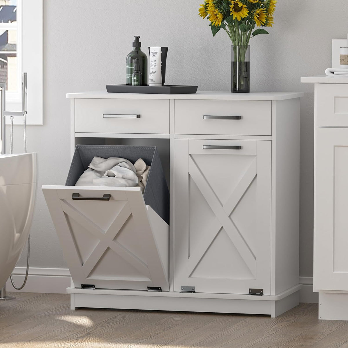 White Double Tilt Out Laundry Hamper Cabinet Laundry Basket Cabinet Hidden Laundry Hamper with 2 Drawers & 2 Baskets for Bathroom,30x30x16in（Barn Door Panel）