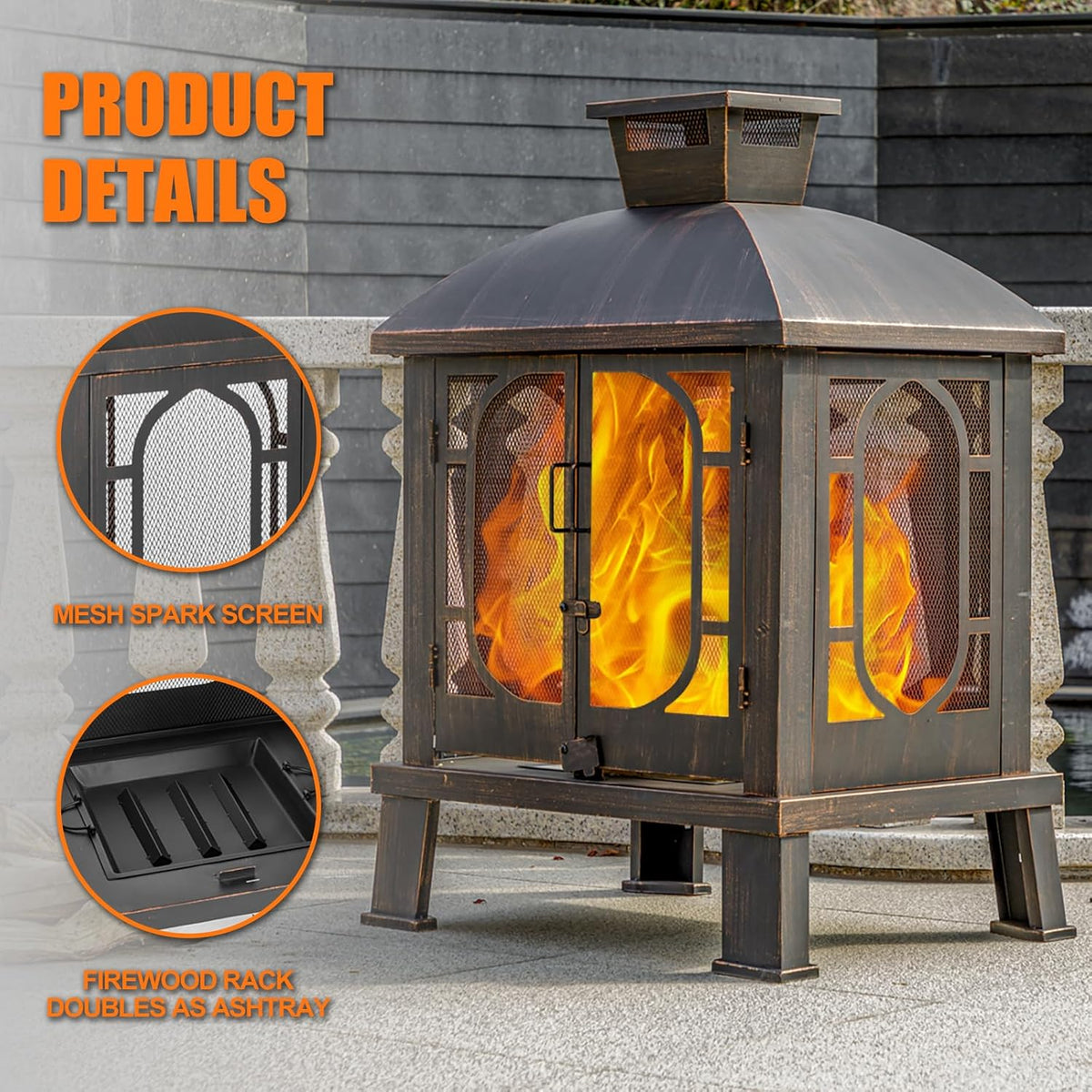 Panovue 45" H×31''W Metal Chiminea Fire Pit with Grill, Wood Burning Fire Pits for Outside,Square Chimineas Fireplace with Mesh Spark Screen Door& Fire Poker for Garden,Yard,BBQ,Bonfire (Black&Gold)