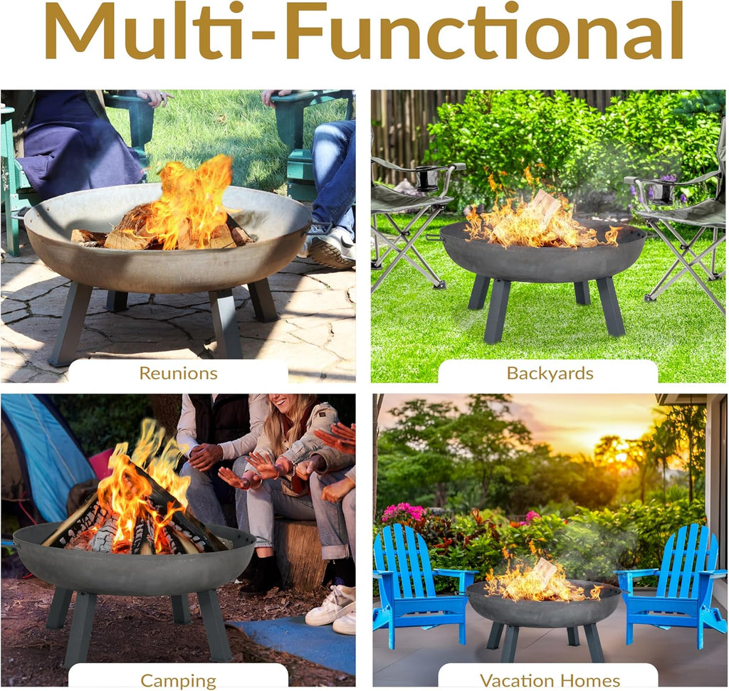 Sunnydaze Cast Iron Heavy Duty Fire Pit for Outside - Wood Burning Outdoor Fire Pit Bowl with Handles for Patio, Backyard, Camping - 34" - Gray