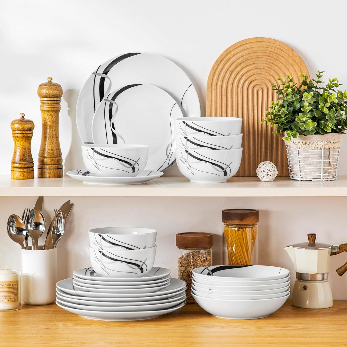 VEWEET Porcelain Dinnerware Sets for 6, 24 Pieces Plates and Bowls Set with Black and Grey Ribbon Lines, Dishes Set Dining Ware for Dinner, Microwave and Dishwasher Safe, Series FIONA