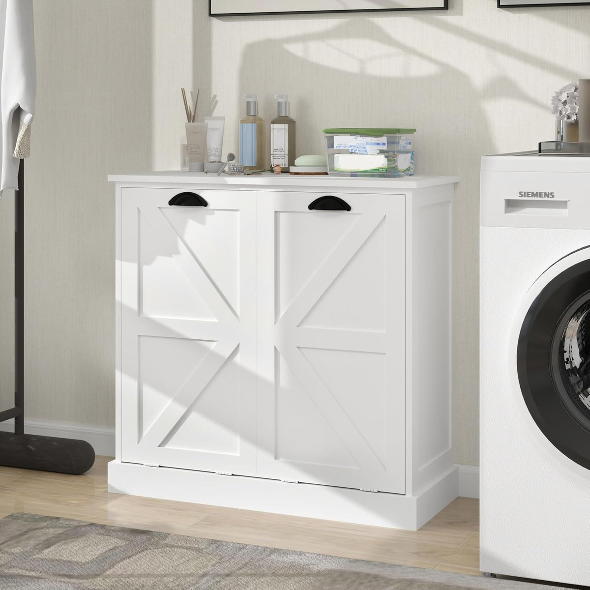 KEIKI White Tilt-Out Bathroom Laundry Sorter Cabinet with Dual Compartments & Removable Bags, Freestanding Hidden Hamper Storage with Anti-Tip Kit