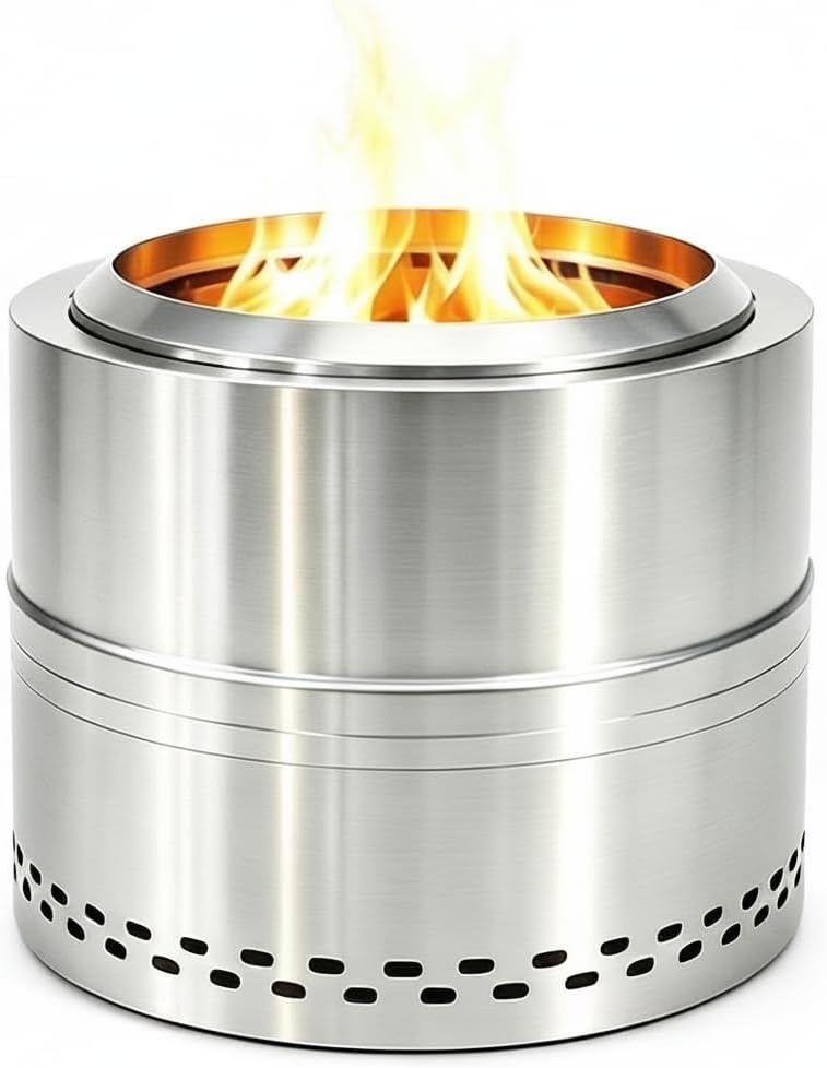 Smokeless Firepit Bonfire 20", Outside Wood Burning Metal Stove Stainless Steel Fire Pit with Carry Bag, Portable Camping Propane Patio Backyard, Easy Setup & Cleaning (Silver Without Hallow)