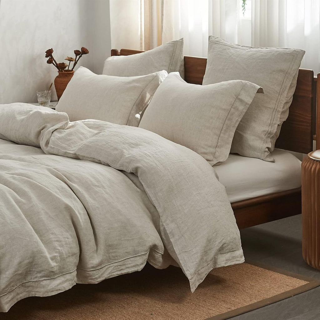 Simple&Opulence 100% French Flax Linen Duvet Cover Set with Embroidery Washed - 3 Pieces (1 Duvet Cover with 2 Pillow Shams) with Button Closure Soft Breathable Farmhouse - Linen, King Size