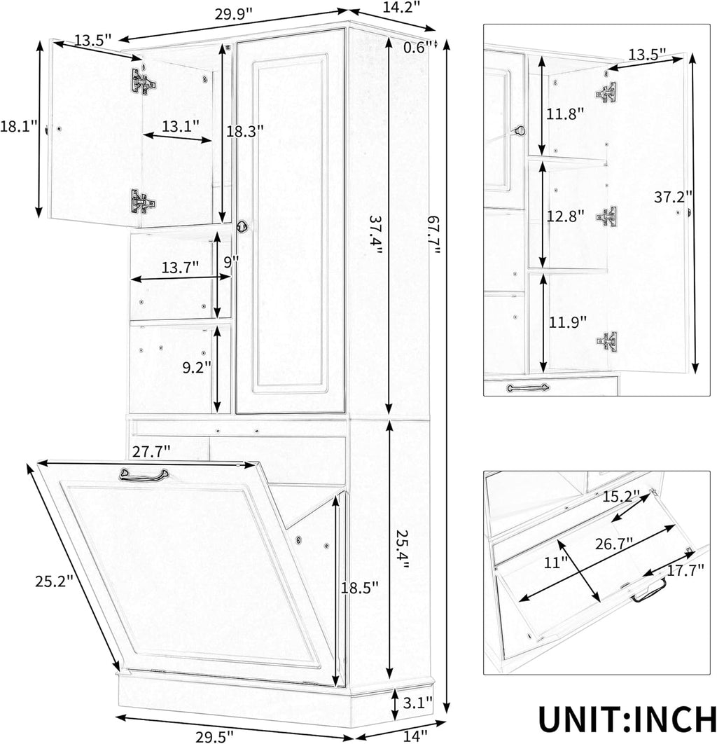 68" Tall Bathroom Storage Cabinet with Two Doors and Laundry Hamper for Home Display Organizer, Adjustable Shelf, Gray