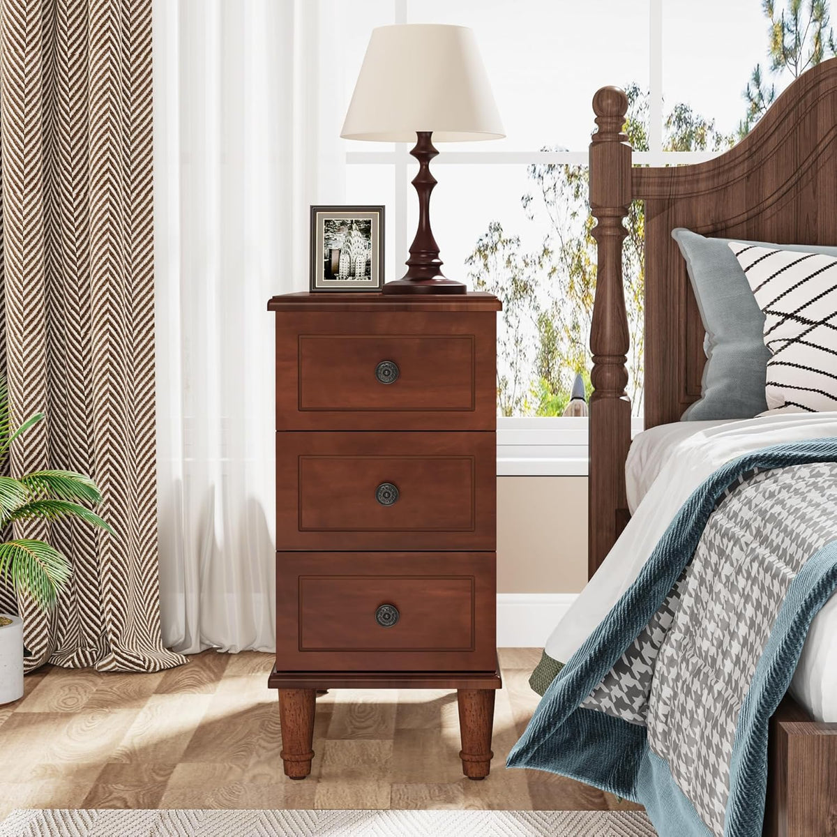 Tribesigns Solid Wood End Table, Fully Assembled Narrow Side Table with Drawers, Pre-Assembled Nightstand Slim Bedside Table for Small Spaces, Living Room, Bedroom, Brown
