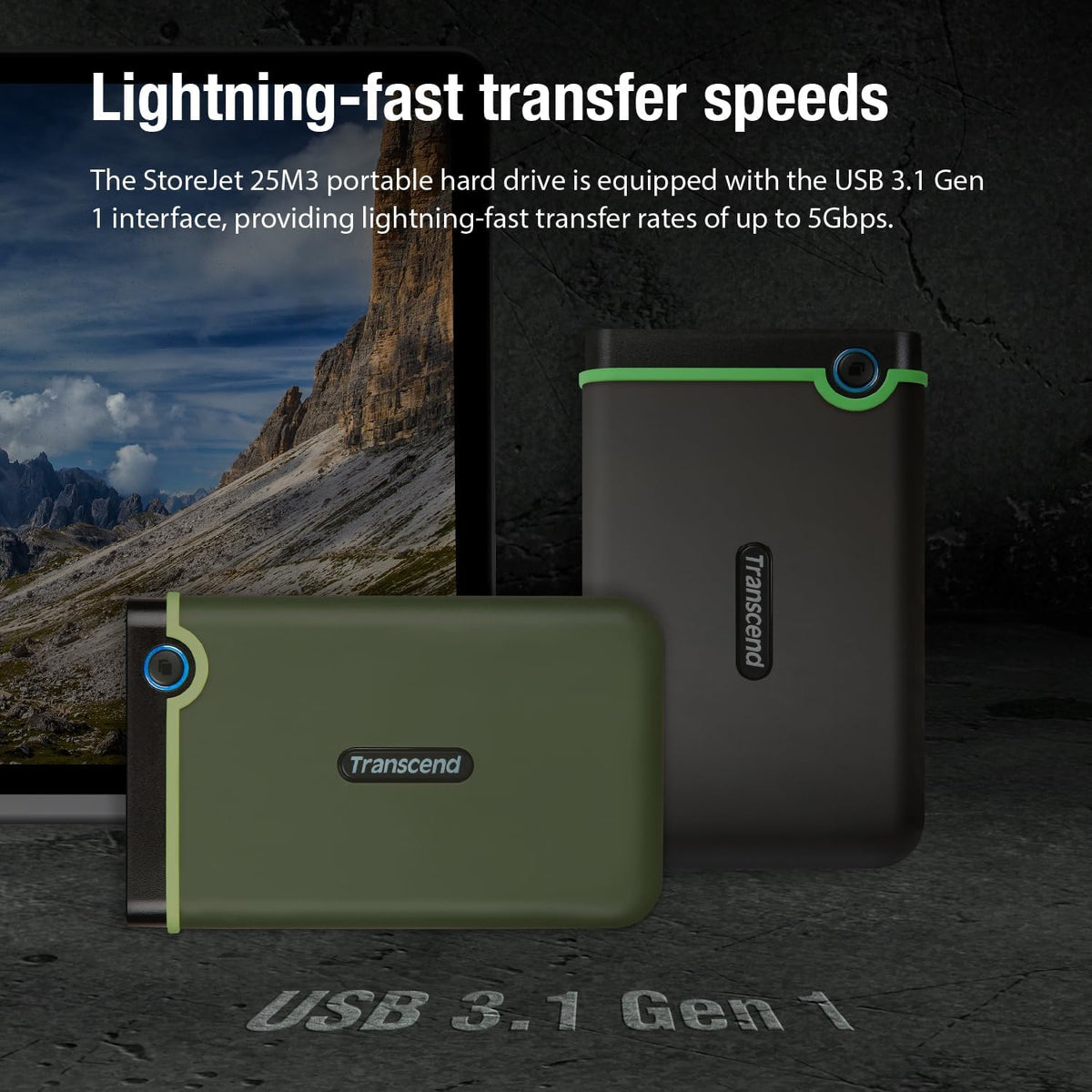 Transcend StoreJet 2TB Rugged External Hard Drive, USB3.1(5Gbps) Portable HDD w/One Touch Auto-Backup Button/Anti-Shock Resistant/Compact&Lightweight/Lightning-Fast Speeds, Iron Gray - TS2TSJ25M3S