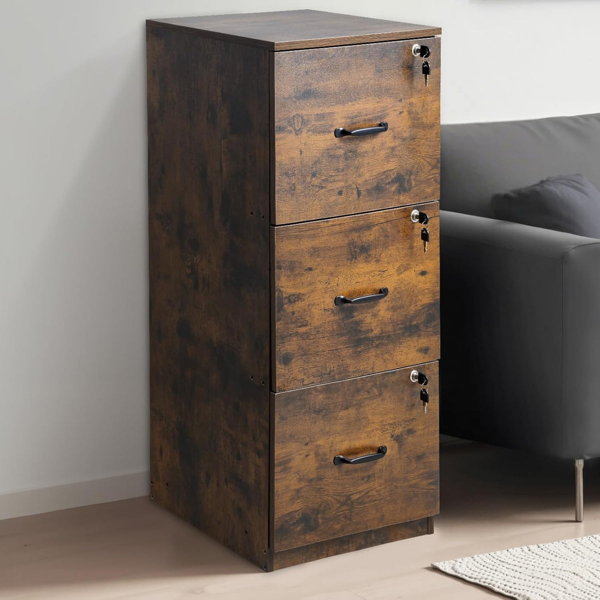 VEVOR 3 Drawer File Cabinet with Lock, Vertical Filing Storage Cabinets for Home Office, Heavy-Duty Locking Cabinet with 2-Level Adjustable Hanging Rod for A4/Letter/Legal Size File, Easy Assembly