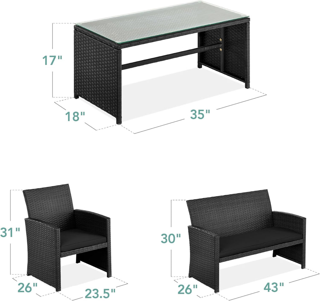 Best Choice Products 4-Piece Outdoor Wicker Patio Conversation Furniture Set for Backyard w/Coffee Table, Seat Cushions - Black/Black