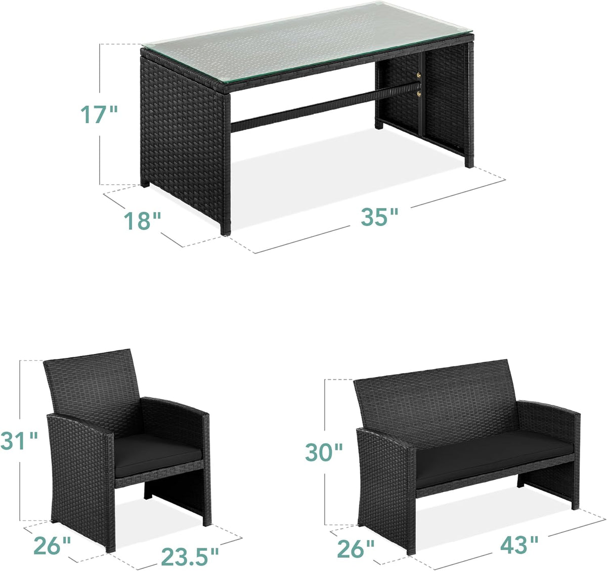 Best Choice Products 4-Piece Outdoor Wicker Patio Conversation Furniture Set for Backyard w/Coffee Table, Seat Cushions - Black/Black
