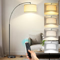 OUTON 81" Arc Floor Lamp, 12W 1080LM LED Dimmable Floor Lamp with 16" Beige Lampshade, Remote Control & Foot Switch, 4 Colour Temperatures, Tall Standing Lamp for Living Room Bedroom Office, Black