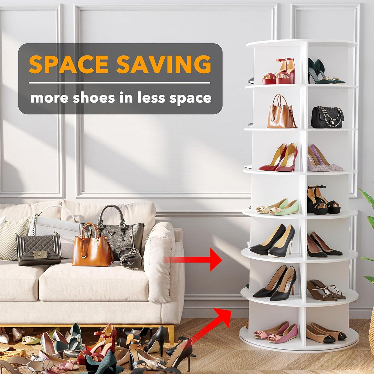 SpaceAid 7 Tier Rotating Shoe Rack Tower, Spinning Shoe Display Lazy Susan, Revolving 360 Shoe Rack Storage Round Carousel, Vertical Handbag Rotate Shoes Closet Organization (7-Tier White)