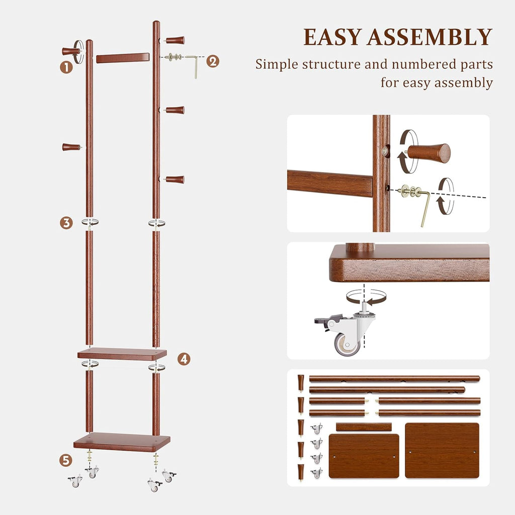 Solid Wood Coat Rack Freestanding Clothing Rack with Wheels & 2 Shelves Storage & 5 Hooks Heavy Duty Clothes Rack Wood Coat Tree Stand Hat Hanger Rack for Corner Bedroom Entryway Living Room Hotel