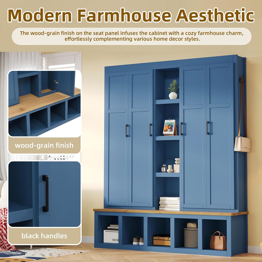 Bellemave Farmhouse 4-in-1 Hall Tree with 6 Hooks & Shoe Storage - 62.9" Wide Entryway Cabinet with Seating Bench and Open Compartments for Mudroom, Hallway, Blue