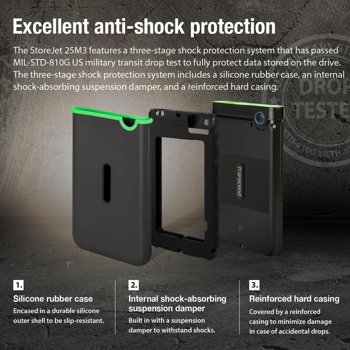 Transcend StoreJet 2TB Rugged External Hard Drive, USB3.1(5Gbps) Portable HDD w/One Touch Auto-Backup Button/Anti-Shock Resistant/Compact&Lightweight/Lightning-Fast Speeds, Iron Gray - TS2TSJ25M3S