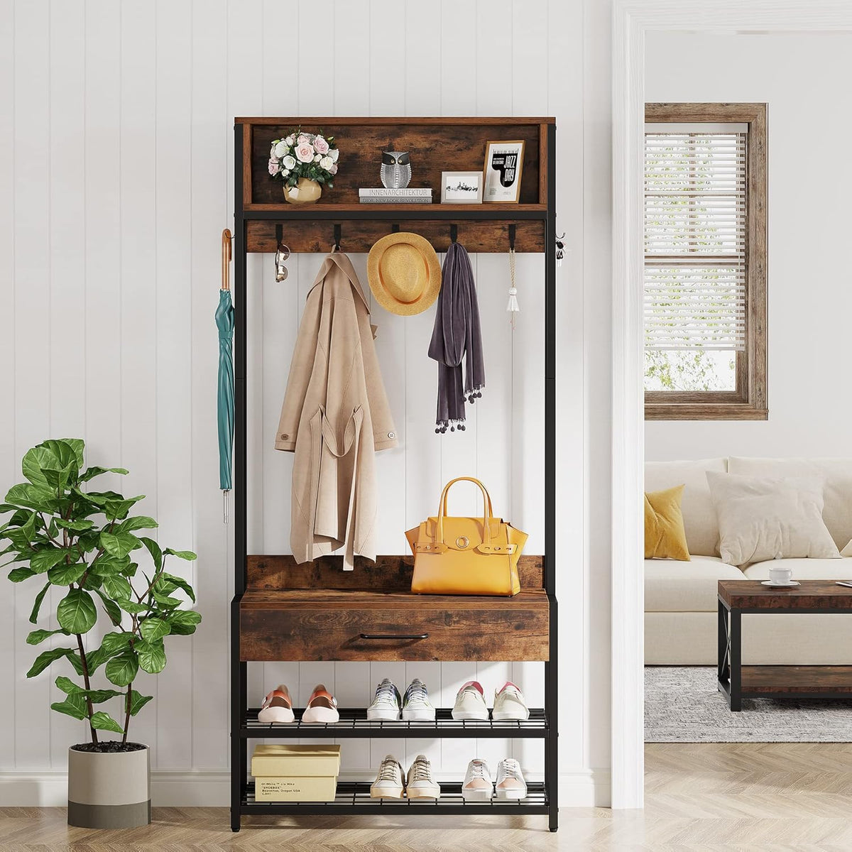 Tribesigns 3-in-1 Entryway Hall Tree with Drawer, Vintage Industrial Coat Rack with Shoe Bench and Hutch, Mudroom Bench with Shoe Storage Rack and 9 Hooks for Living Room Bedroom (Brown)