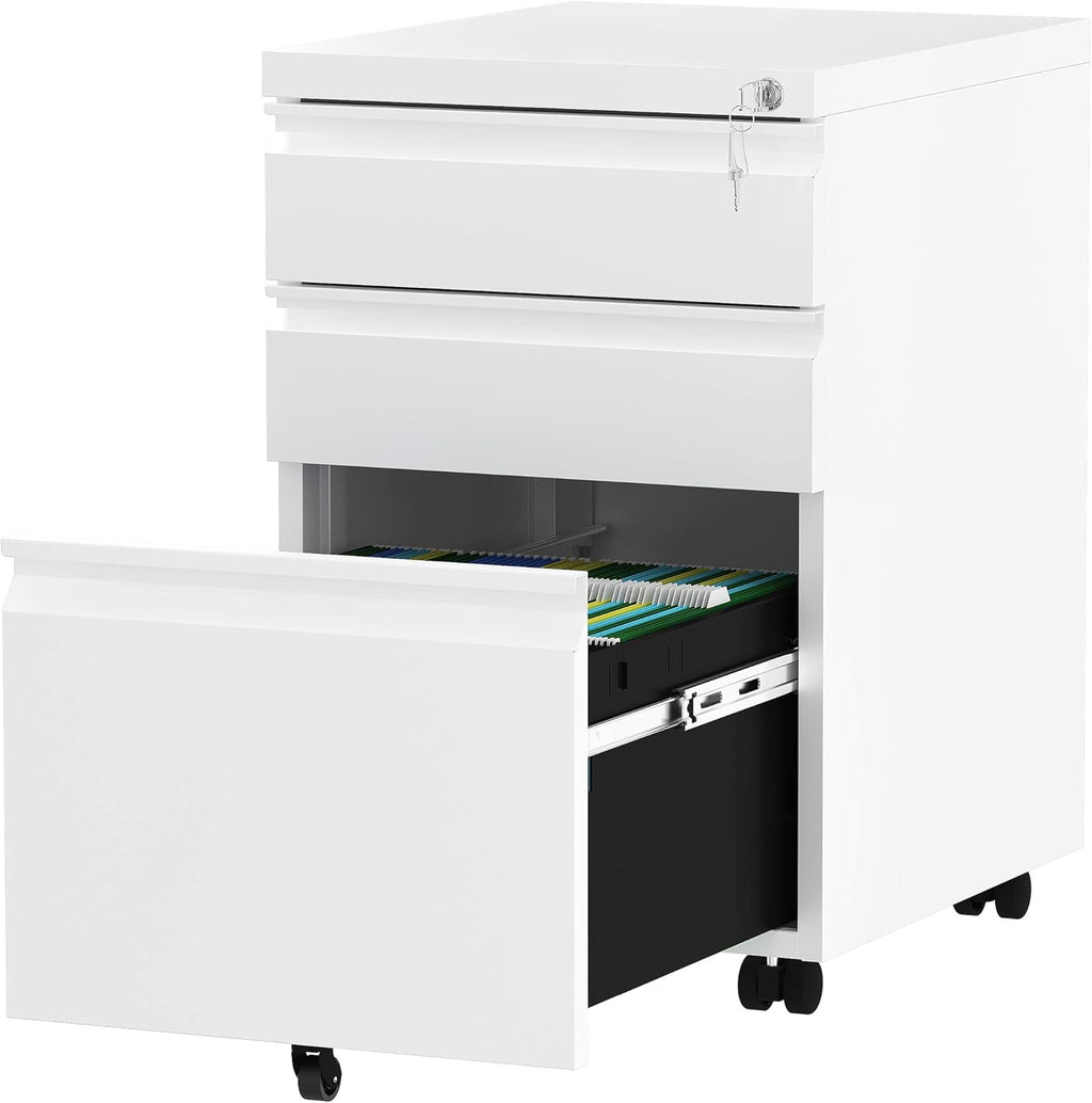 YITAHOME 3-Drawer Mobile File Cabinet with Lock, Office Storage Filing Cabinet for Legal/Letter Size, Pre-Assembled Metal File Cabinet Except Wheels Under Desk -White