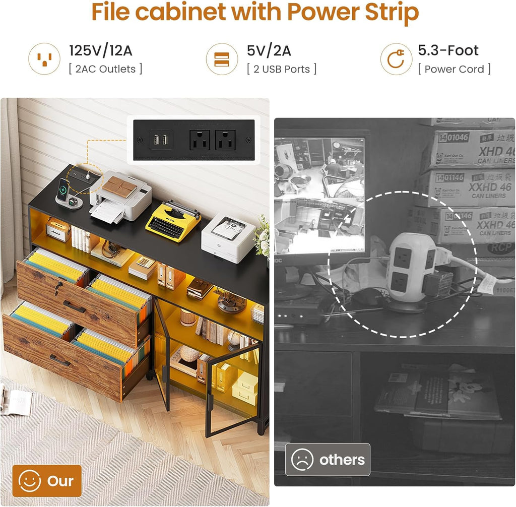 SEDETA 59" File Cabinet, 2 Drawers Filing Cabinets for Home Office fit Legal/Letter/A4 File, File Cabinet with Lock & Power Outlets, Printer Stand with Storage & LED Lights, Rustic Brown