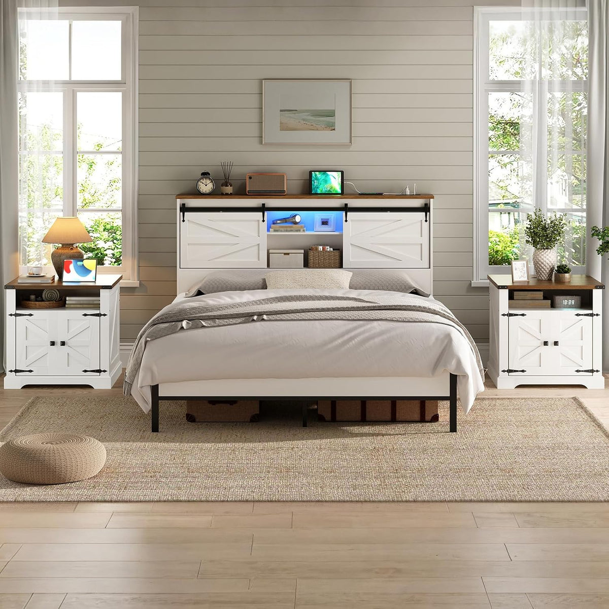 HOOBRO Farmhouse End Tables Set of 2 with Charging Station, 23.6" Large End Table for Living Room, Sofa Side Table with Barn Door, Wooden Square Nightstand Bedside Table, White and Walnut WH601UBZP201