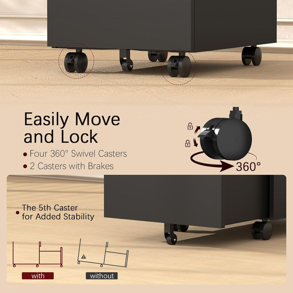 3 Drawer File Cabinet on Wheels,25.6" H Black Filing Cabinet with Lock,Under Desk Metal File Cabinet for Home Office Organizer Letters/Legal/A4(Fully Assembled)