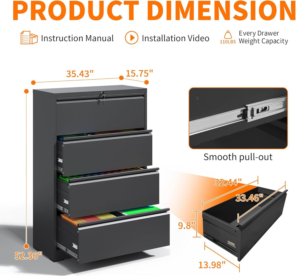 4 Drawer Lateral File Cabinet with Lock Heavy Duty Large Metal Filing Cabinet Home Office Cabinets Wide Steel Cabinets for Legal/Letter Size,Assembly Required