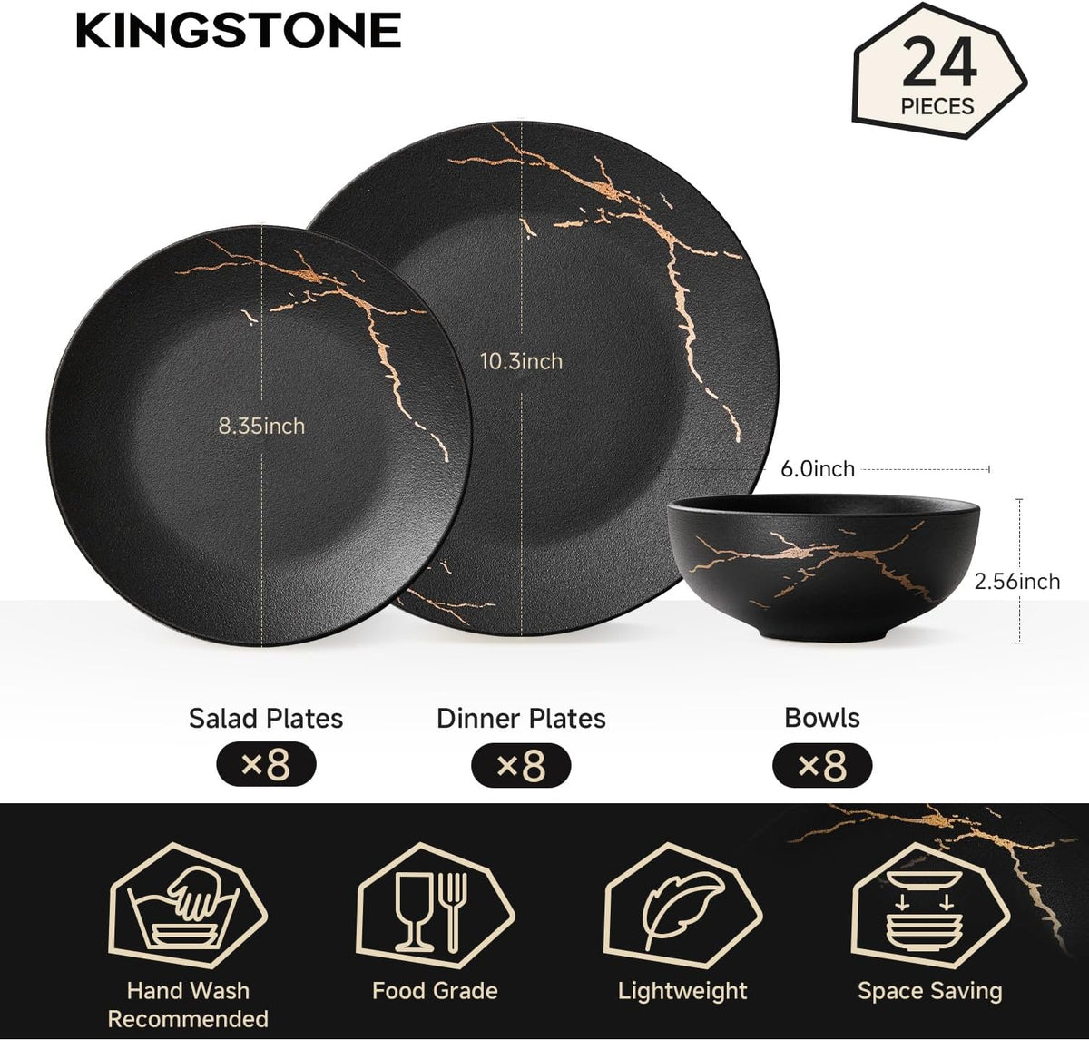 KINGSTONE Dinnerware Sets for 8, Black & Gold Plates and Bowls Sets Matte Vein Dish Set, Modern Luxury Tableware Dinner Salad Plate bowl, for Home Wedding Party Gifts (24 Piece)