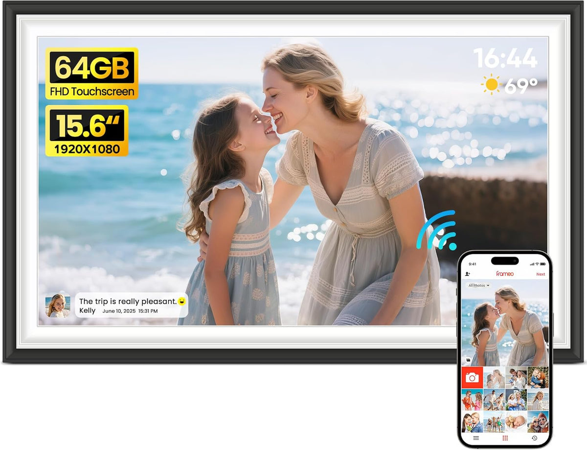BIGASUO Digital Picture Frame Frameo 15.6" WiFi Electronic Photo Frames Large with 64GB Memory 1920x1080 IPS FHD Touch Screen Share Moments Instantly Anywhere Photo Gifts for Parents and Grandparents