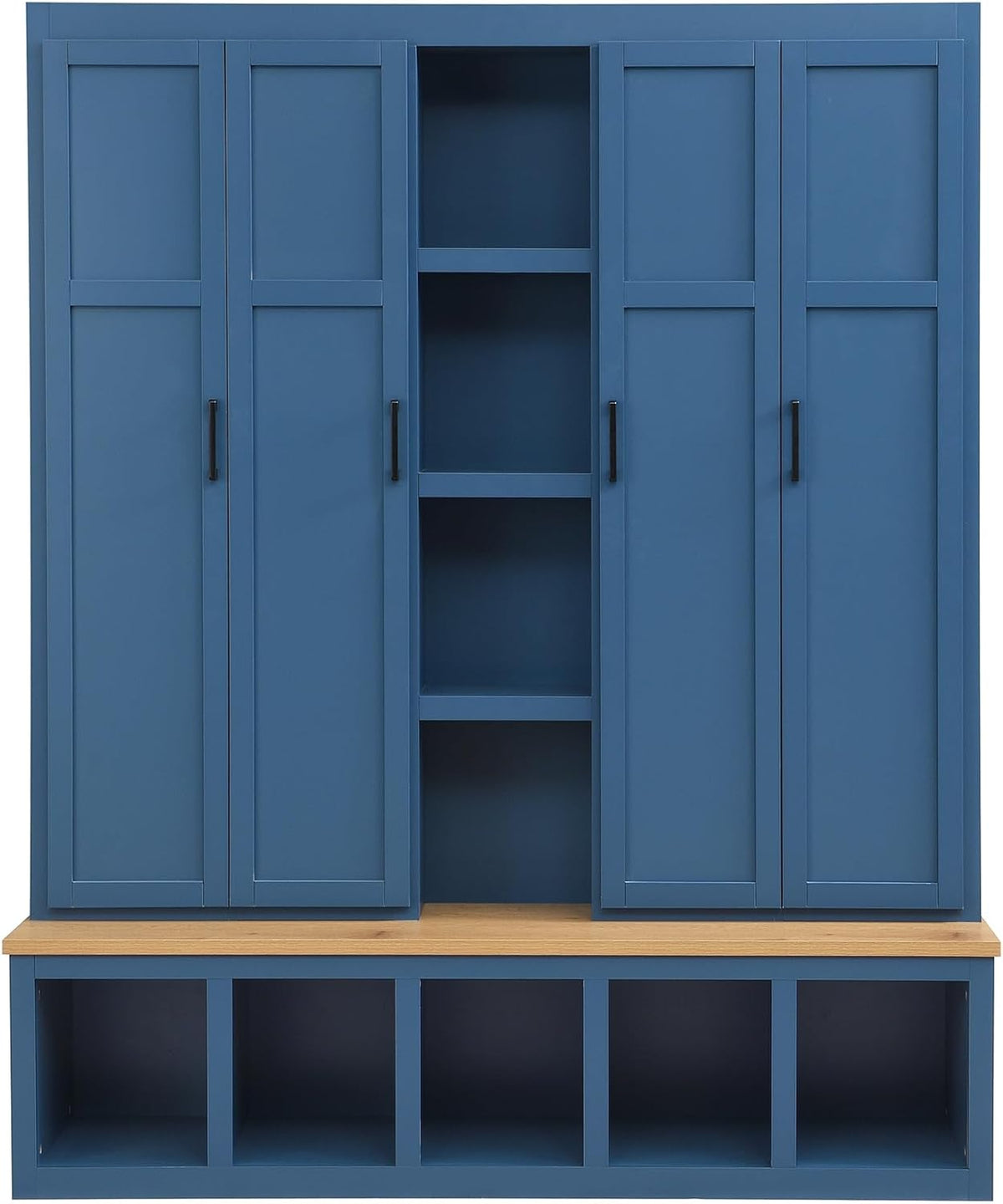 Bellemave Farmhouse 4-in-1 Hall Tree with 6 Hooks & Shoe Storage - 62.9" Wide Entryway Cabinet with Seating Bench and Open Compartments for Mudroom, Hallway, Blue