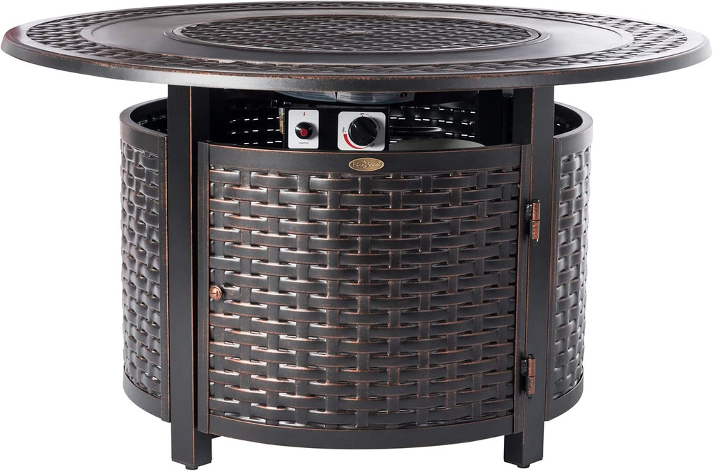 Fire Sense 62195 Bellante Woven Aluminum Convertible Gas Fire Pit Table 55,000 BTU Multi-Functional Outdoor with Fire Bowl Lid, Nylon Weather Cover & Clear Fire Glass - Bronze Finish - Round - 44"