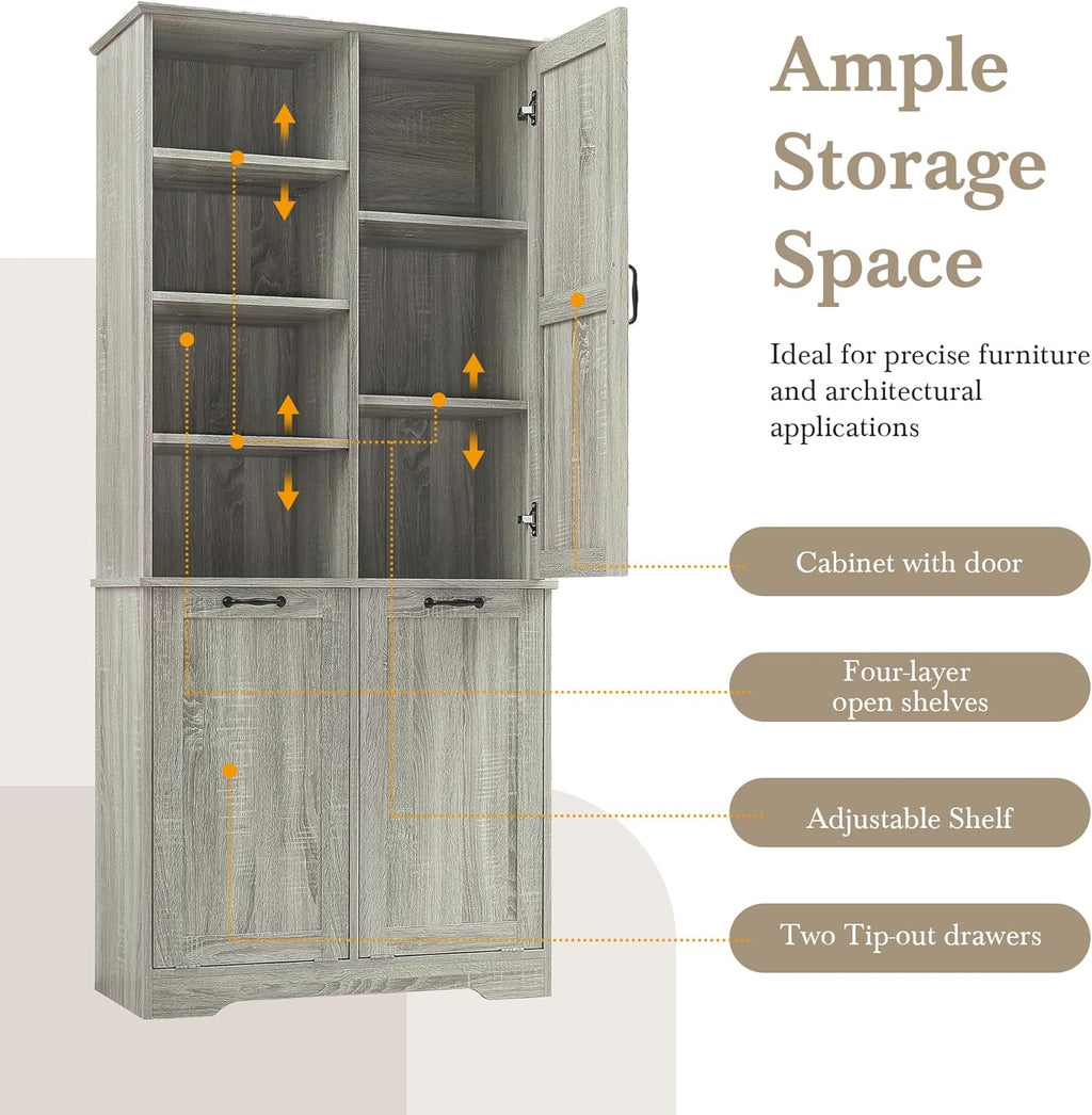 Merax Tall Storage Cabinet with Door and Shelves, Bathroom Storage with 2 Tip-Out Laundry Hamper and Adjustable Shelf, Oak