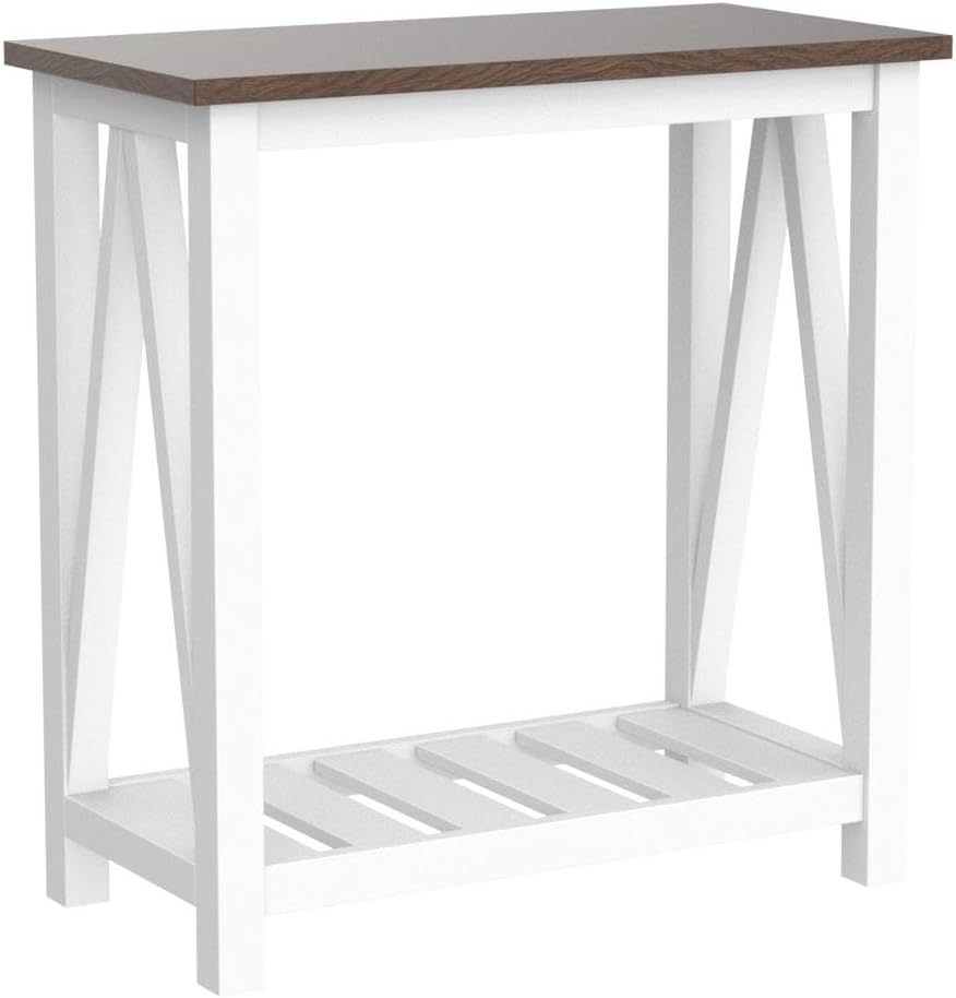 ChooChoo Farmhouse End Table Set of 2, Rustic Vintage Narrow End Side Table with Storage Shelf for Small Spaces, Nightstand Sofa Table for Living Room, Bedroom White