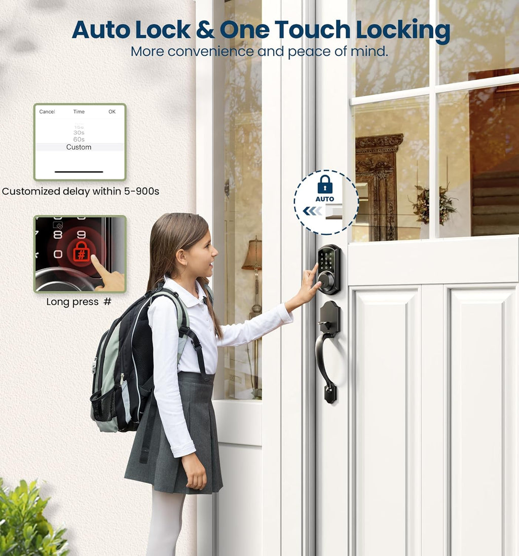 Veise VE06-H Smart Front Door Lock Set, App Control, Keyless Entry Deadbolt with Lever Handle, Electronic Digital Touchscreen Keypad, Auto Lock, Easy Install, Matte Black