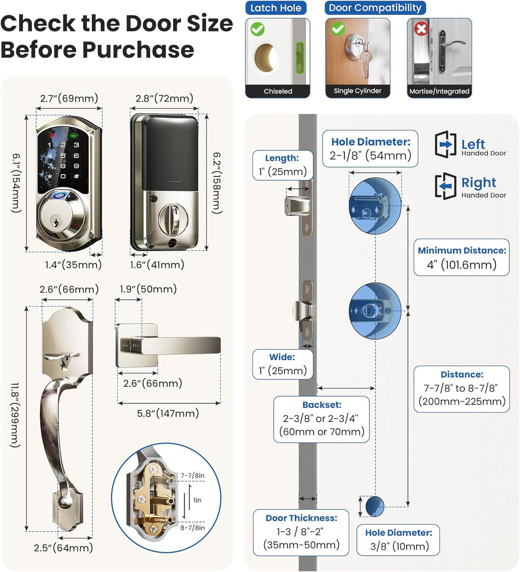 Veise VE07-H Fingerprint Smart Locks for Front Door with Handle Set, App Control, Keyless Entry Keypad Deadbolt, Digital Electronic Touchscreen, Easy Install, Auto Lock, Satin Nickel