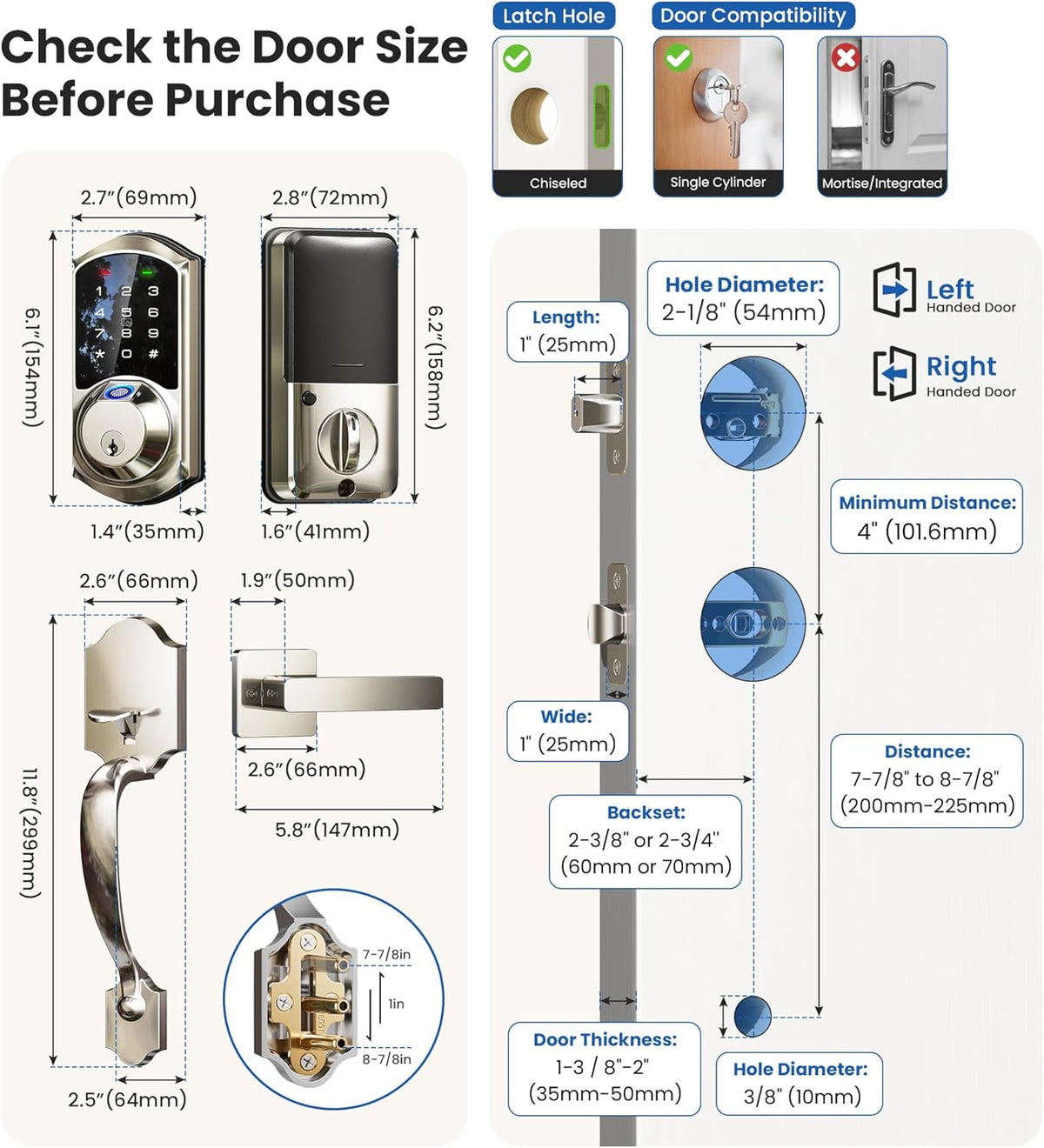 Veise VE07-H Fingerprint Smart Locks for Front Door with Handle Set, App Control, Keyless Entry Keypad Deadbolt, Digital Electronic Touchscreen, Easy Install, Auto Lock, Satin Nickel