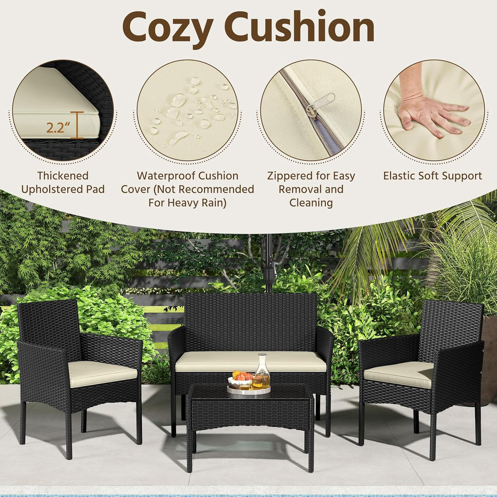 Yaheetech Patio Furniture Set 4 Pieces Conversation Sets, Rattan Chair Wicker Set Loveseat with Soft Cushion and Glass Table for Backyard Porch Garden Poolside Balcony, Black and Beige