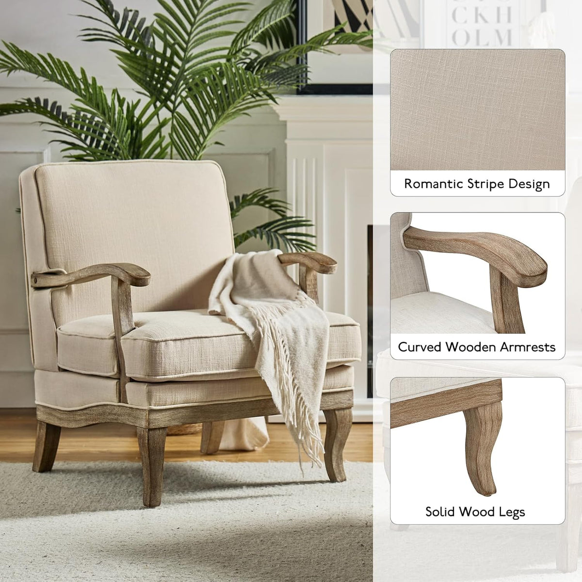 HULALA HOME Mid-Century Modern Accent Chairs Set of 2, Upholstered Lounge Arm Chair with Solid Wood Legs and Armrest, Removable Cushion Comfy Reading Armchair for Living Room, Bedroom, Balcony, Linen