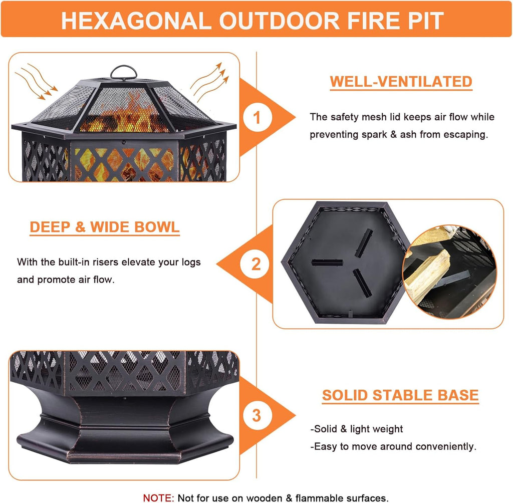 Panovue 28Inch Outdoor Fire Pit, Hexagon Shaped Wood Burning Firepit for Outside Bonfire, Patio, Backyard and Camping (Antique Bronze)
