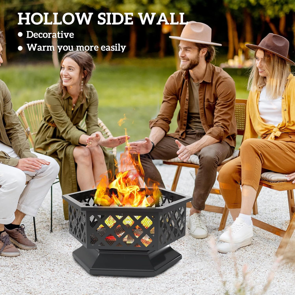 Outsunny 28" Outdoor Fire Pit Grill, Portable Wood Burning Firepit for Outside with Cooking Grate, Fire Poker, Spark Screen Lid, Steel Hexagon Fireplace for Patio Bonfire Backyard BBQ Camping Picnic