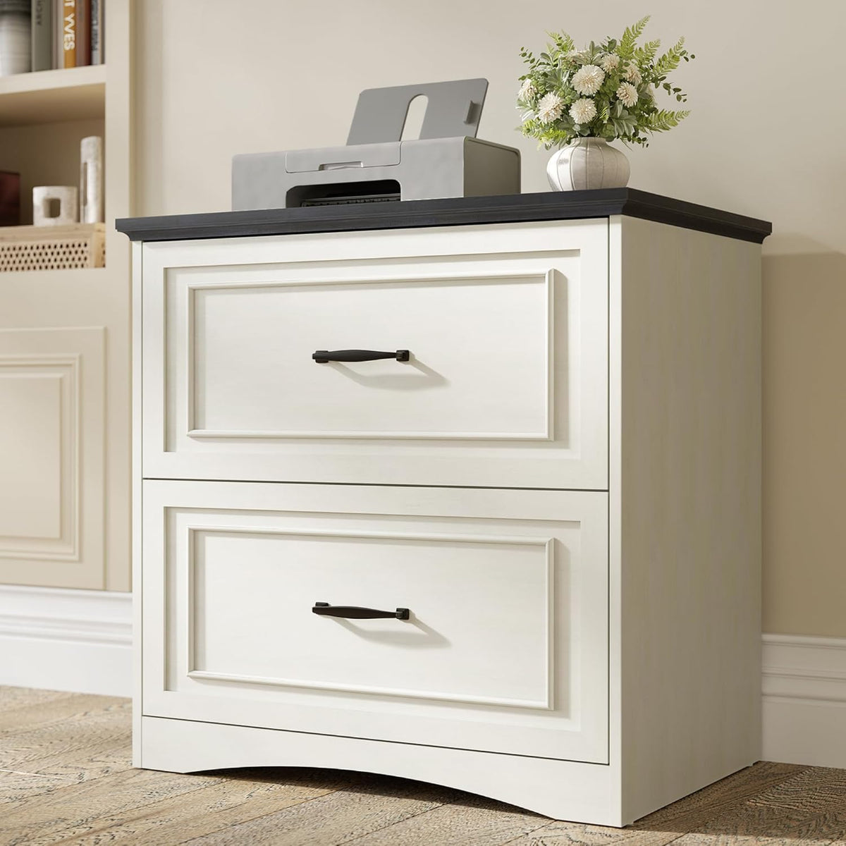 FEZIBO Farmhouse File Cabinet, 30" Lateral Filing Cabinet with 2 Drawers and Hanging Rods, Storage Wood Cabinet for Home Office, Living Room, Bedroom, Pure White