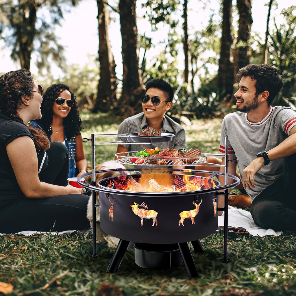 NATURAL EXPRESSIONS 32 Inch Large Fire Pit with 2 Grills, Outdoor Wood Burning Fire Pit with Cooking Grate, Lid, Poker and Round Waterproof Cover for Patio, Ourside, Bonfires, Picnic, Party.